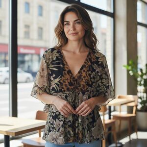 Eva Blue Blouse Black Floral Sequins Animal Print Top Womens Size Large